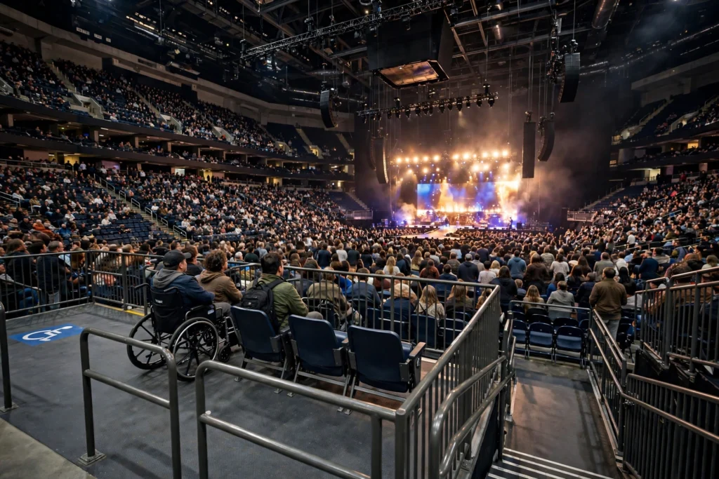 How to Buy Accessible Seating Tickets: ADA Guide 4 Accessible wheelchair seating platform with companion seats inside a concert arena