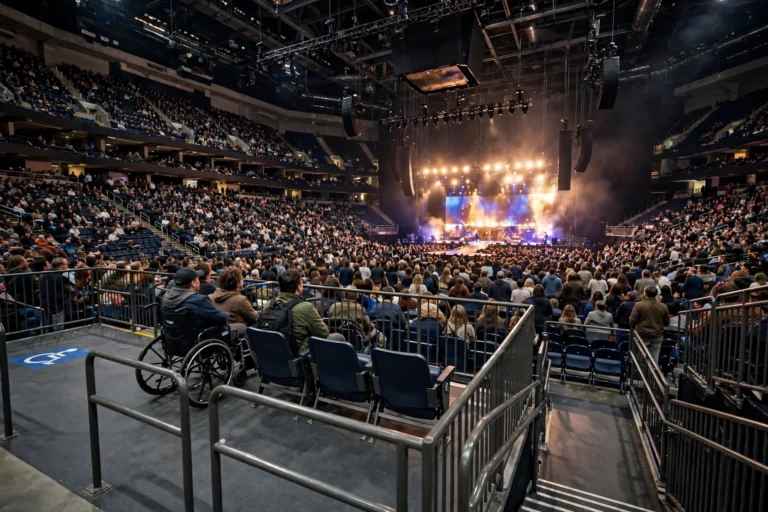 Accessible wheelchair seating platform with companion seats inside a concert arena