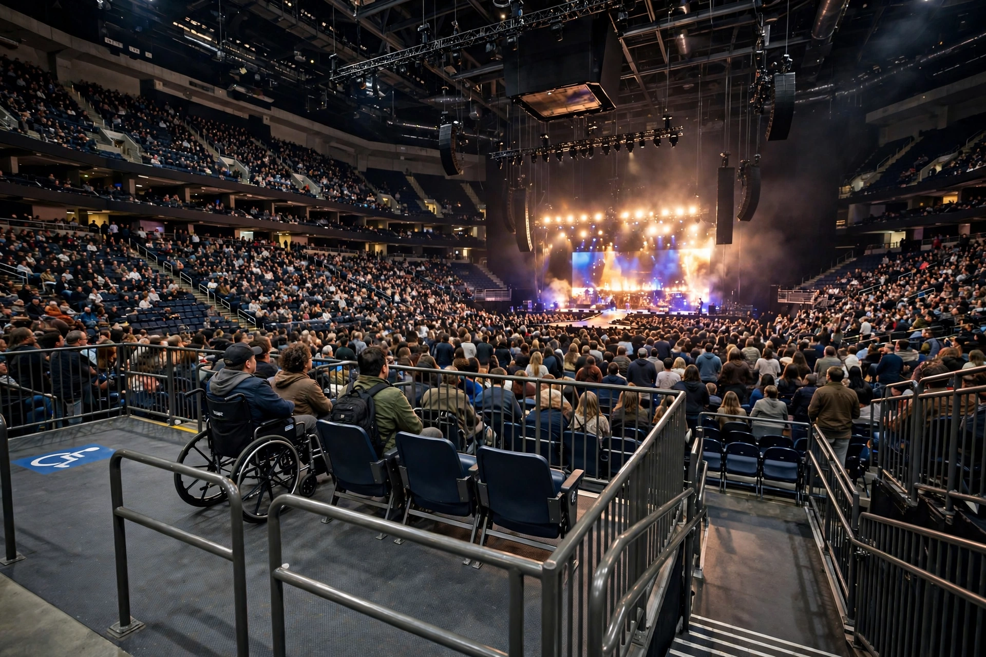 Accessible wheelchair seating platform with companion seats inside a concert arena