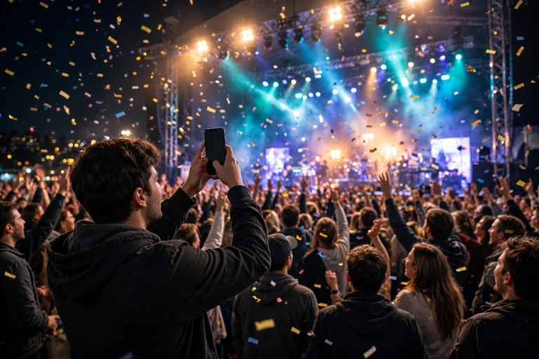 Person holding a smartphone in front of a brightly lit concert stage at night with confetti