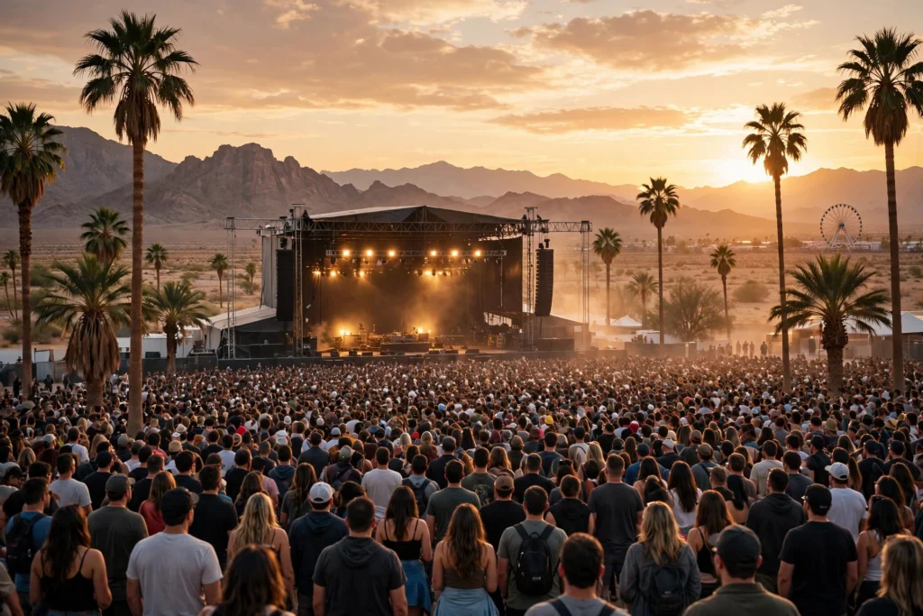 How Much Are Coachella Tickets 2027? Prices & Buying Guide 7 Massive outdoor music festival crowd at golden hour with palm trees and ferris wheel