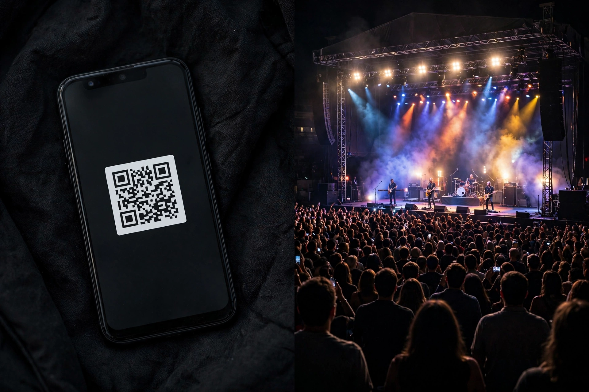 Smartphone showing a concert ticket beside a packed arena stage, comparing DICE and Ticketmaster