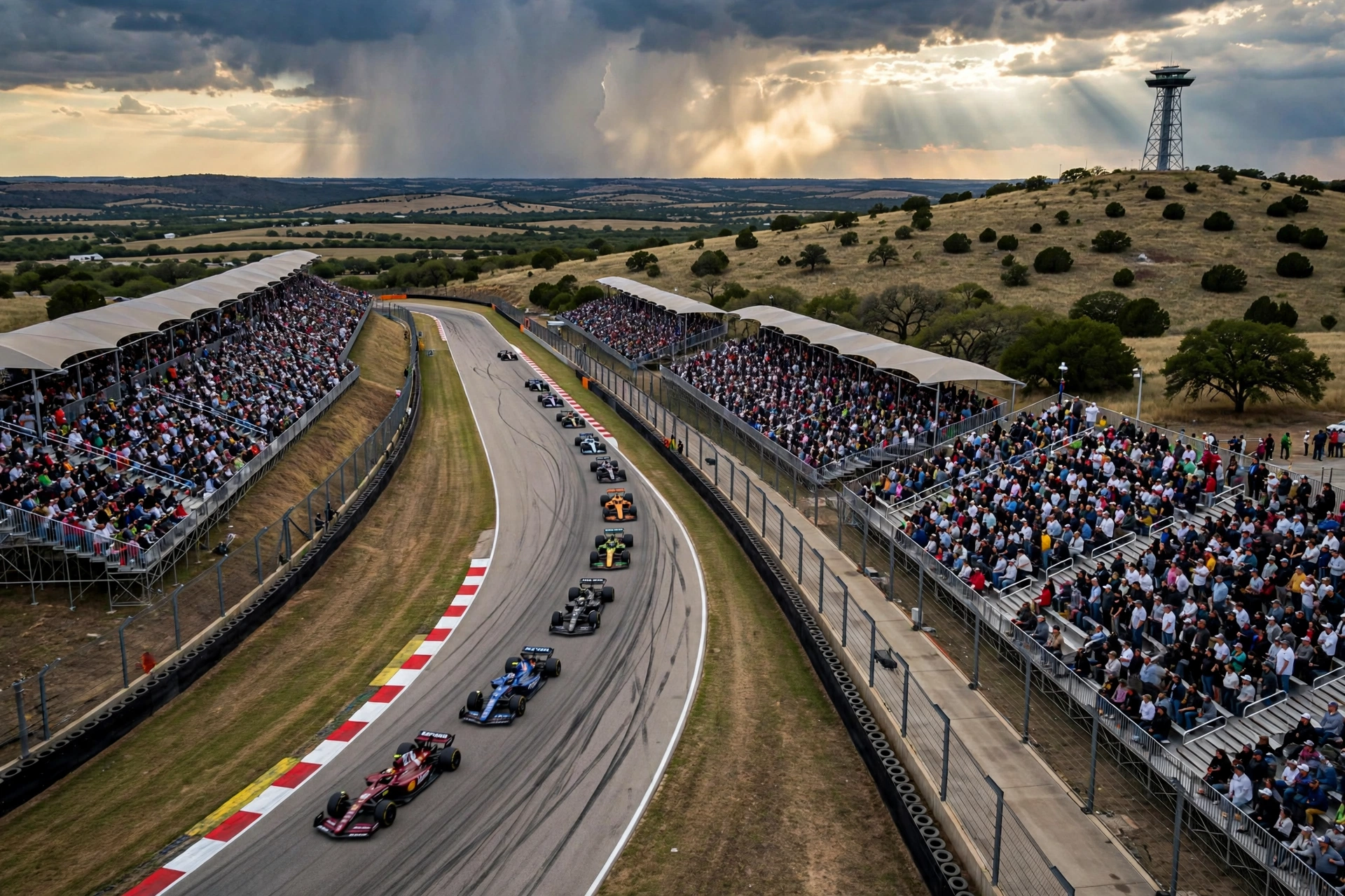 F1 cars racing at Circuit of The Americas during the Austin Grand Prix