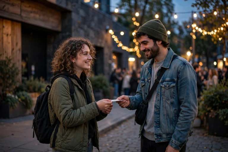 Two concert fans exchanging tickets outside a music venue at dusk