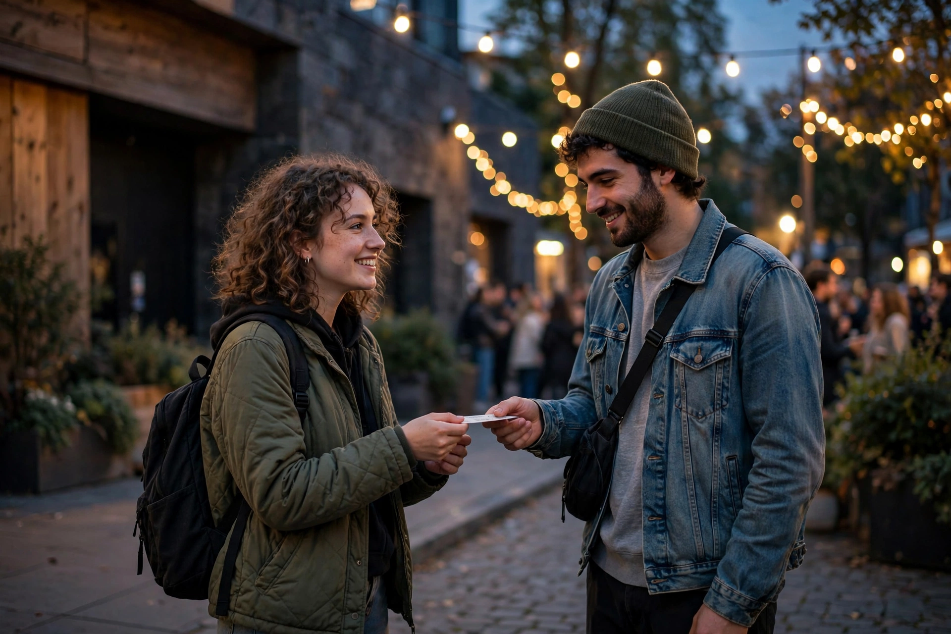 Two concert fans exchanging tickets outside a music venue at dusk