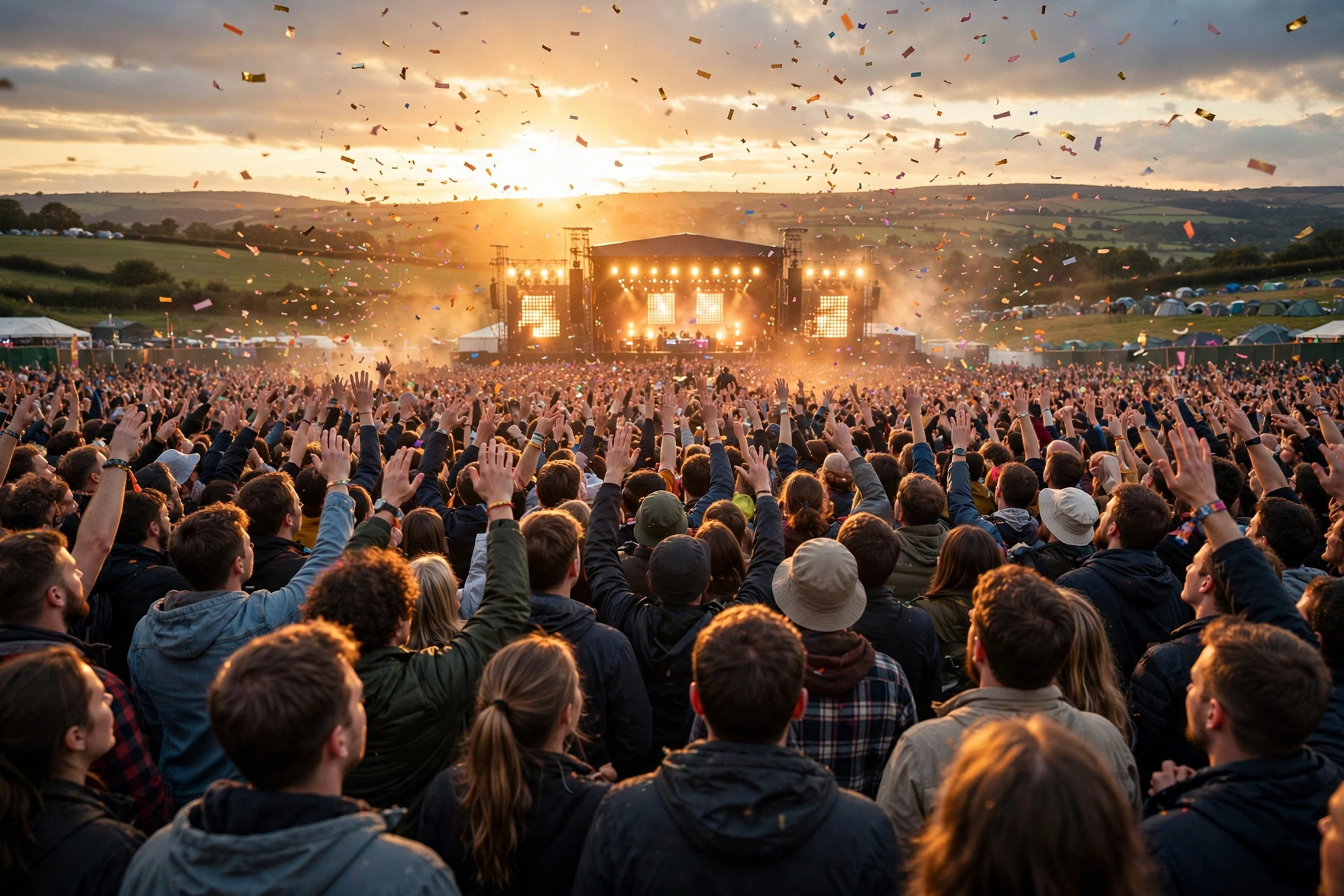 Packed UK music festival crowd at golden hour with hands raised
