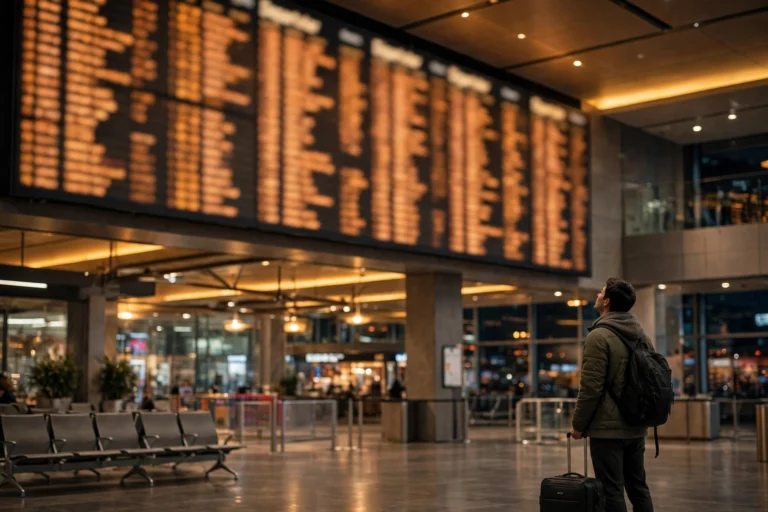 Traveler with suitcase looking up at an airport departure board