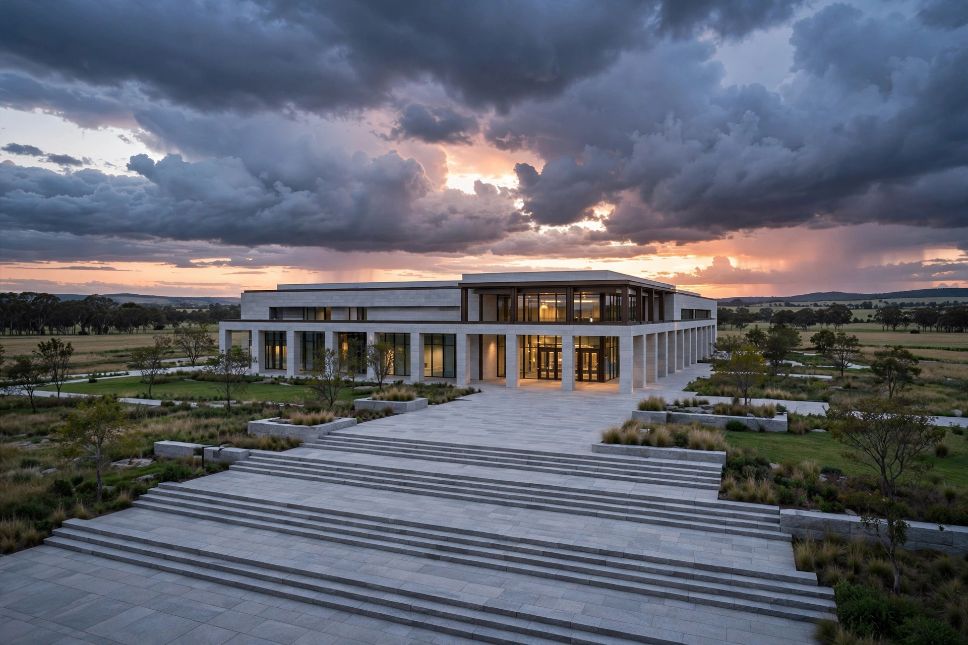 Modern courthouse exterior at dusk with dramatic clouds