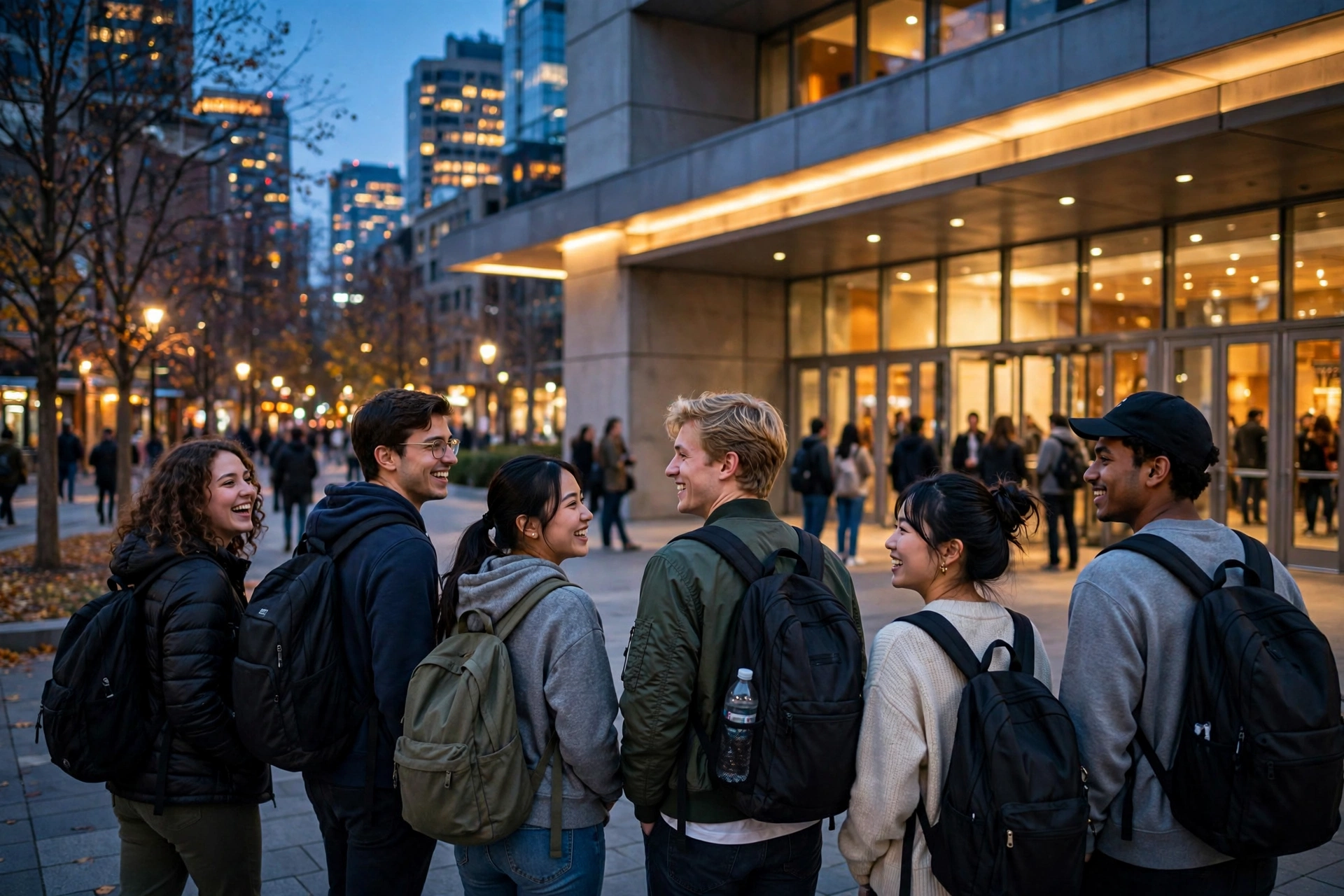 University students with backpacks walking toward a concert venue entrance at blue hour