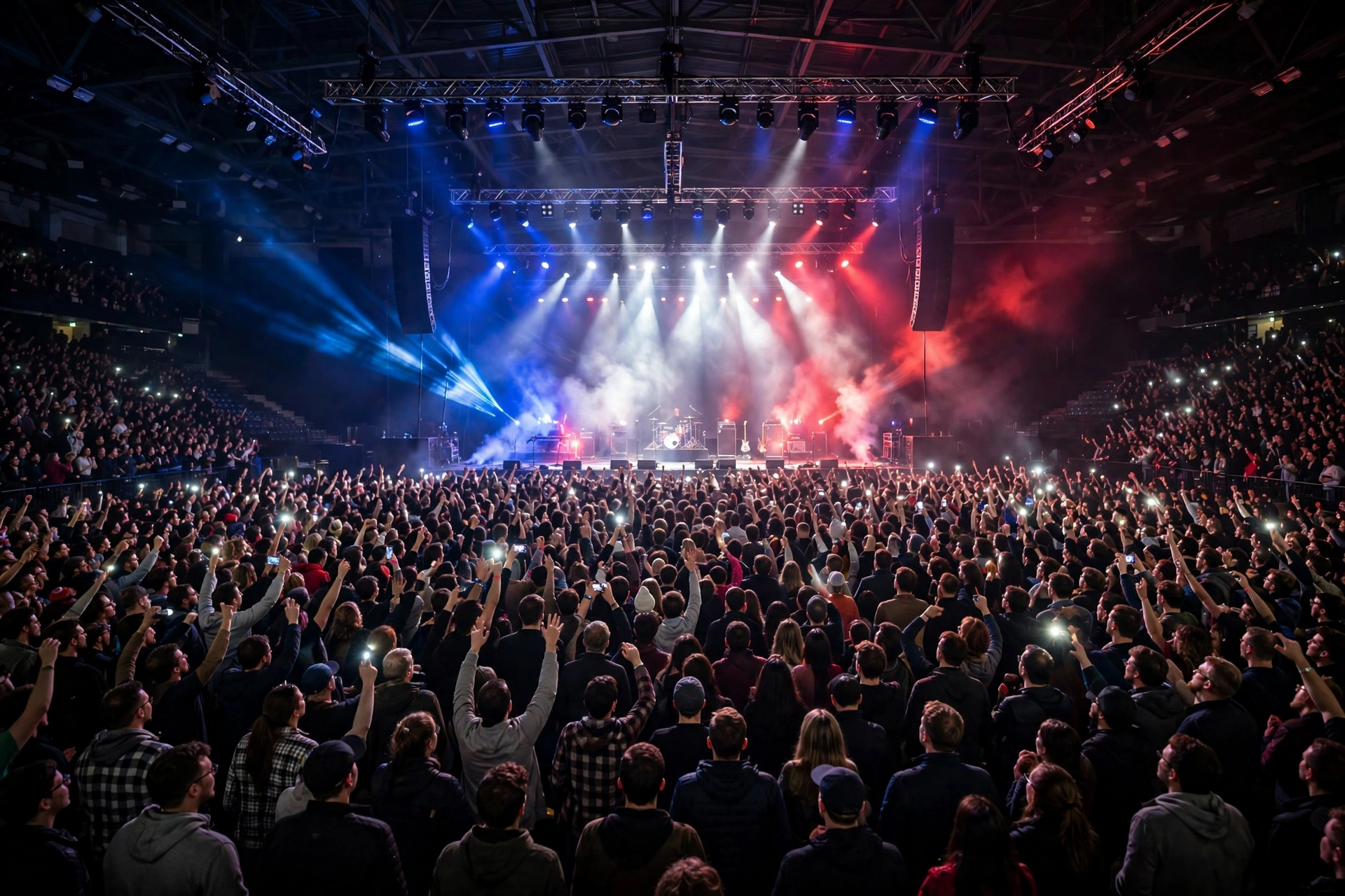Packed UK concert arena crowd with dramatic stage lights