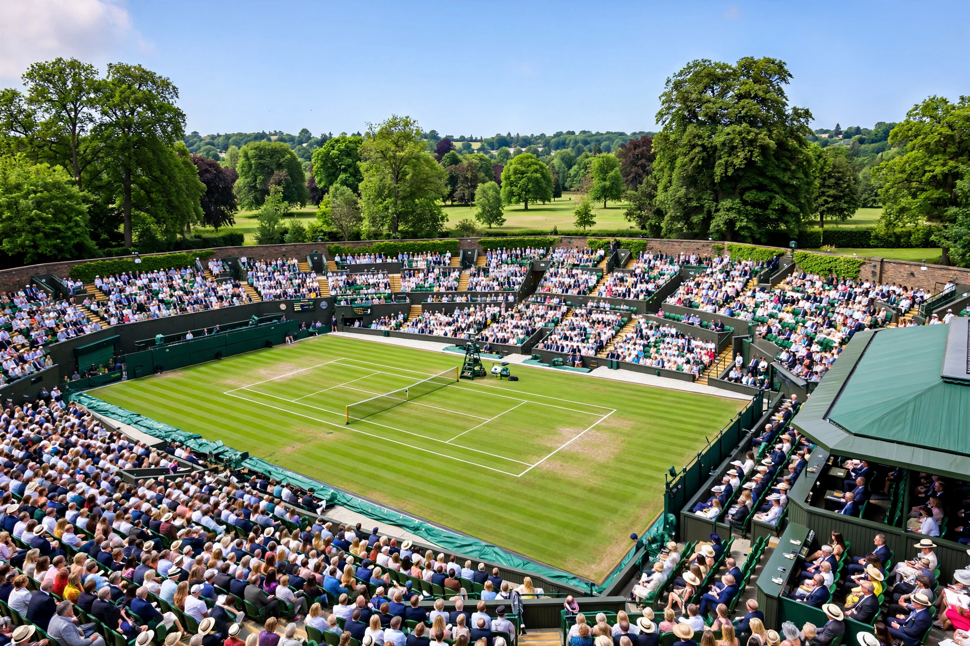 Centre Court at Wimbledon with spectators on a sunny day